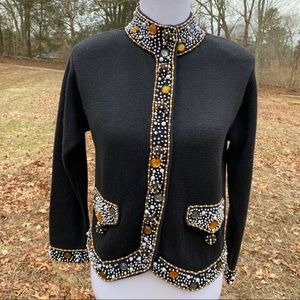 LISA NICHOLS SWEATER CARDIGAN BLACK WHITE GOLD BEADING 80s SIZE S